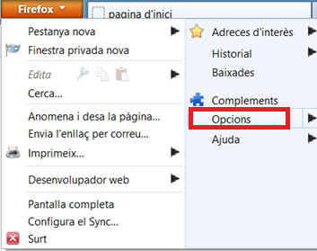 captura de pantalla del menú opcions